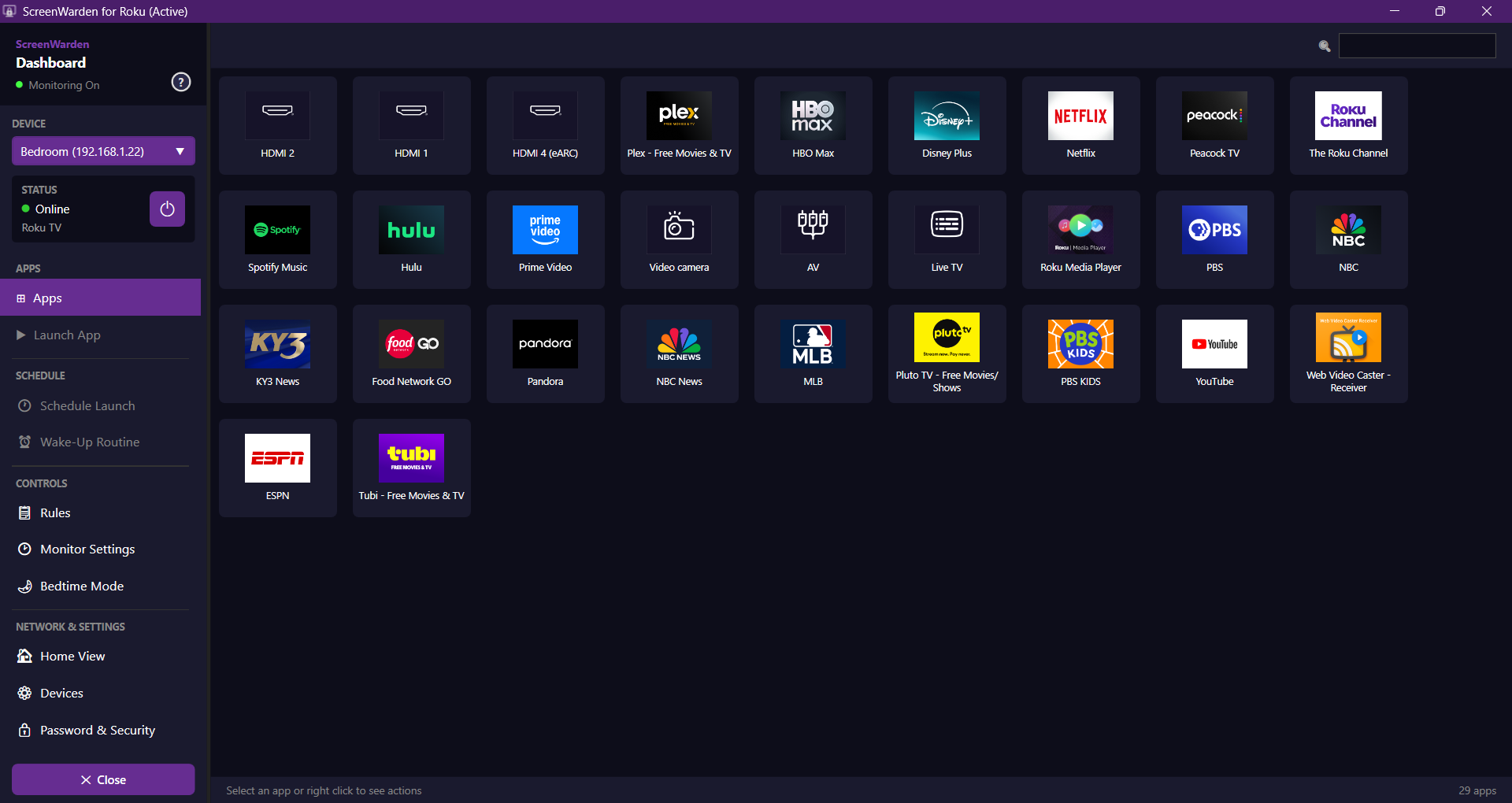 ScreenWarden for Roku main window showing every app and input on a Roku TV