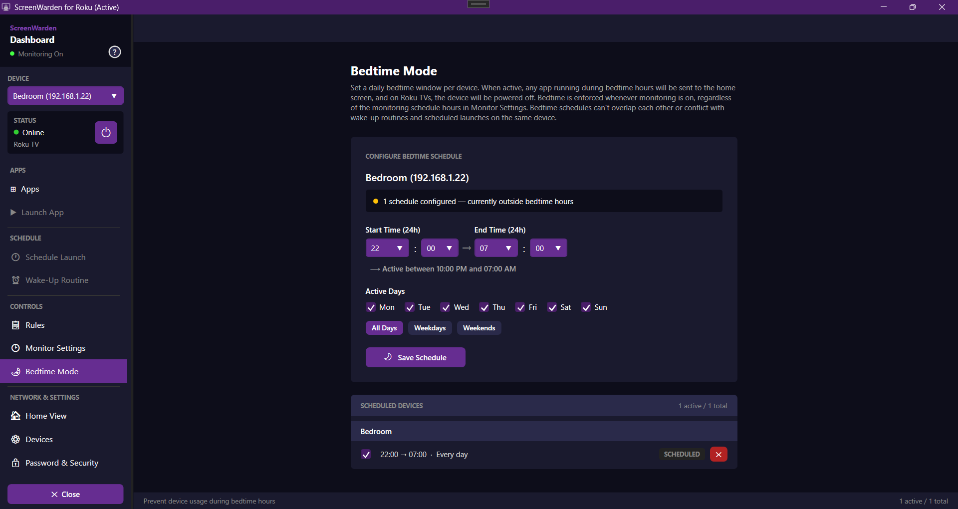 Bedtime Mode screen with a nightly schedule