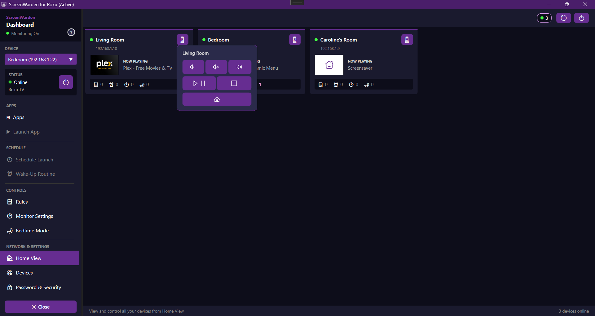 Home View screen with a card for each Roku