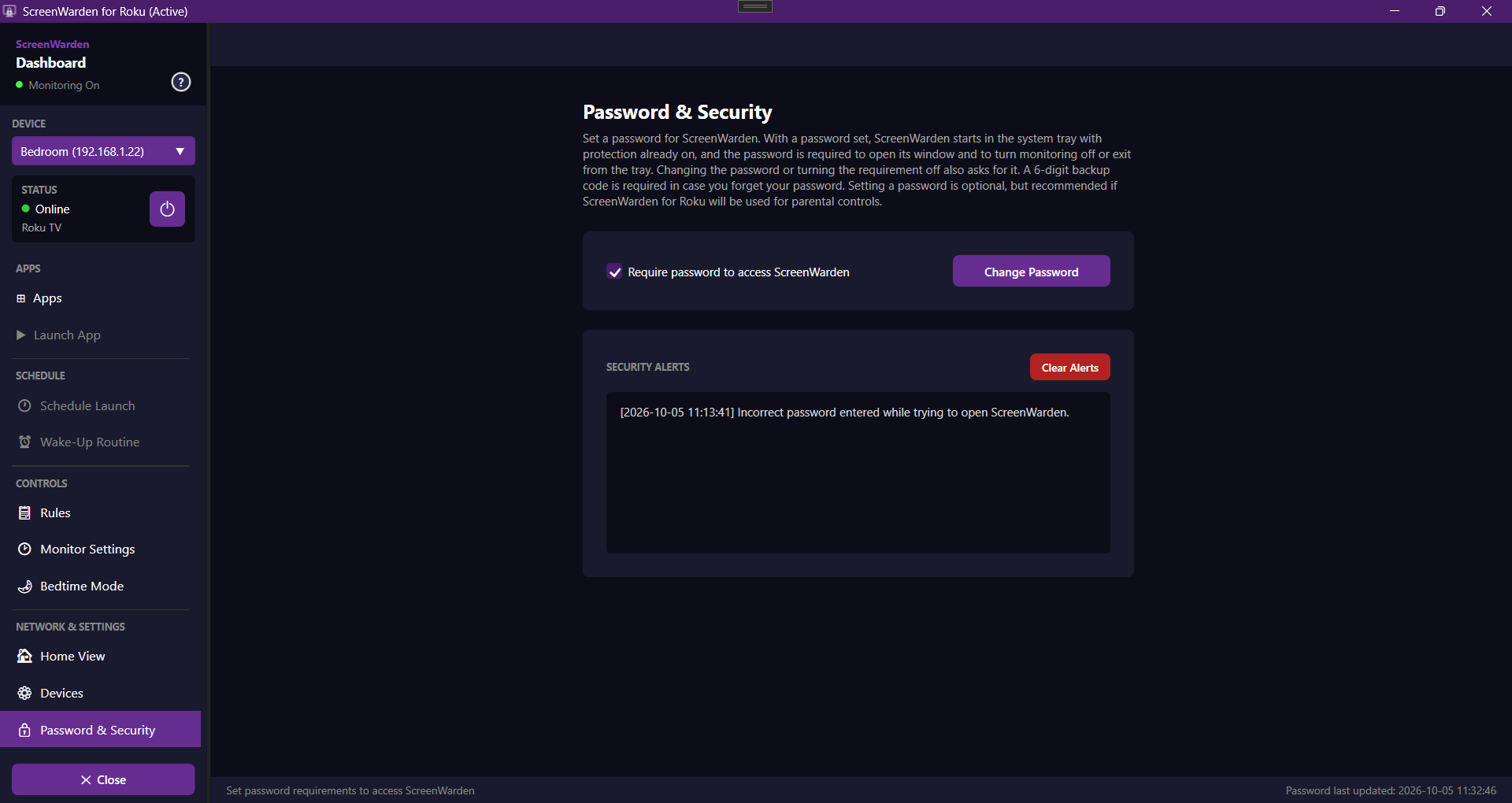Password and Security screen