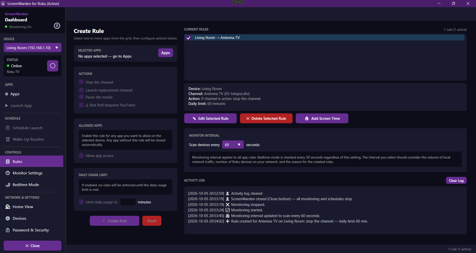 Rules screen with a daily limit rule on a living room Roku TV