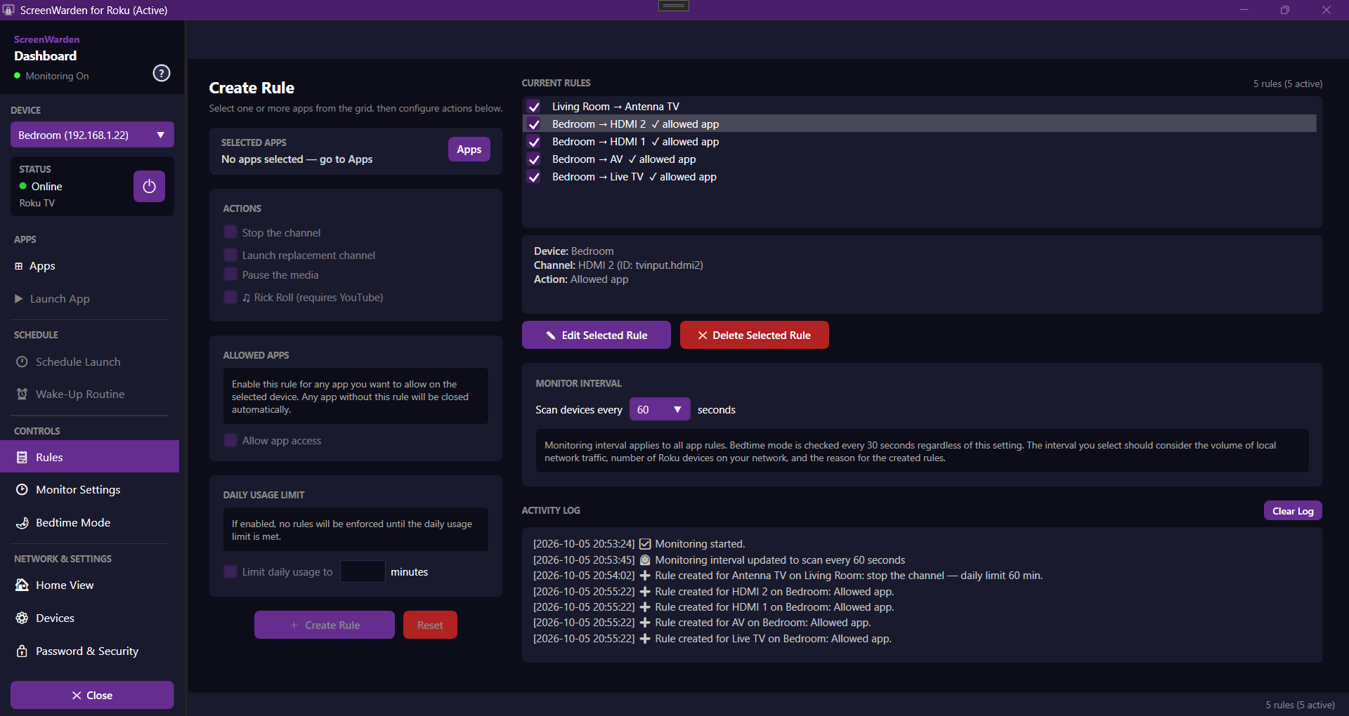 Rules screen listing allowed apps on a bedroom Roku TV