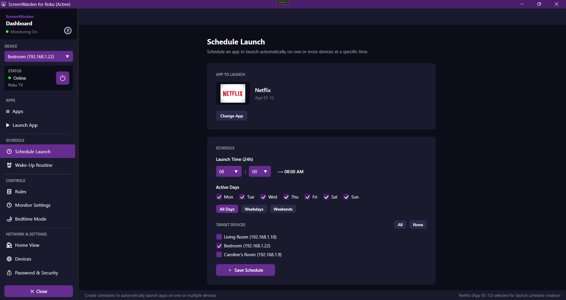 Schedule Launch screen with launch time and days